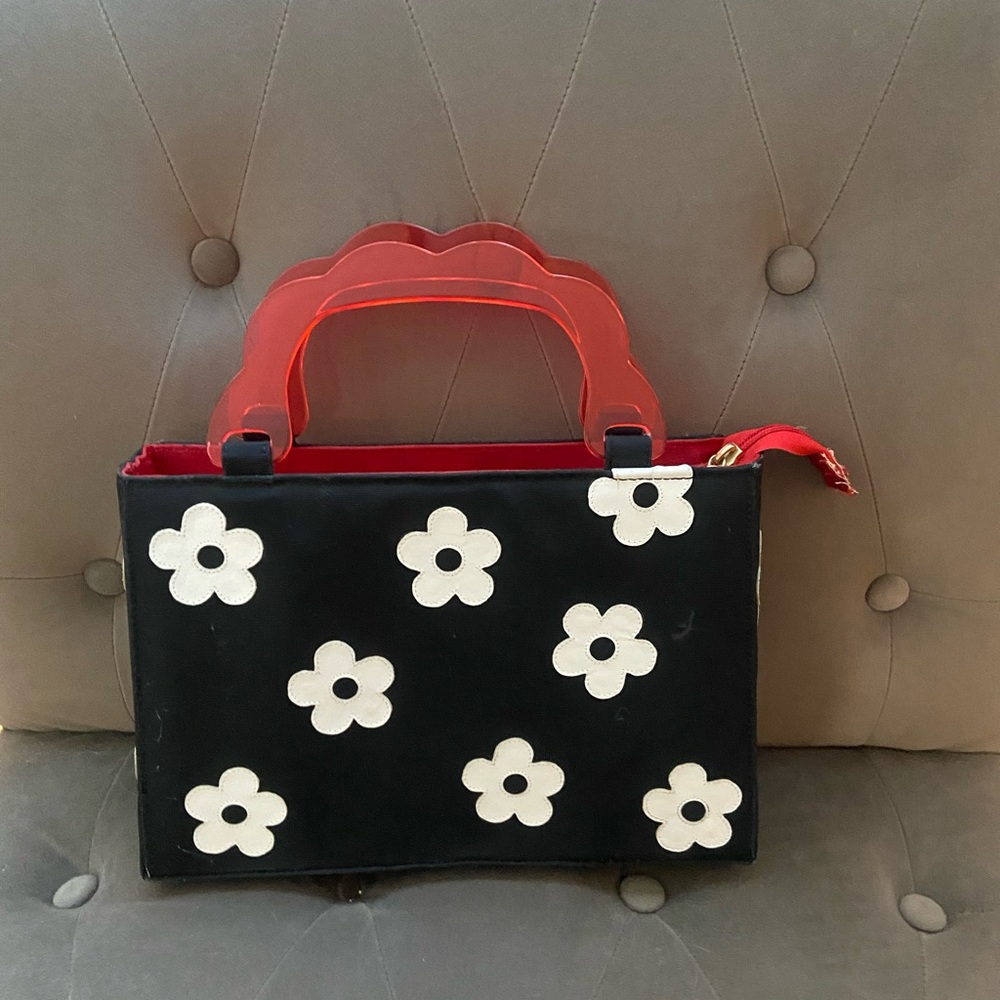 Ramon Tenza Black Mini Bag with White Flowers and Red Handles
